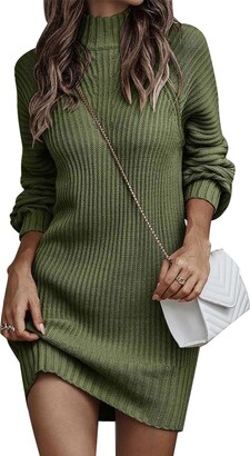 Cocoarm Women Knit Dress High Collar Lantern Long Sleeve Sweater Dress Pure  Color Loose Casual Dress Elegant Bodycon Dress Sexy Hip Wrap Sweater Dress  Knitted Jumper Dress for Women UK Ladies(L-OD Green) -