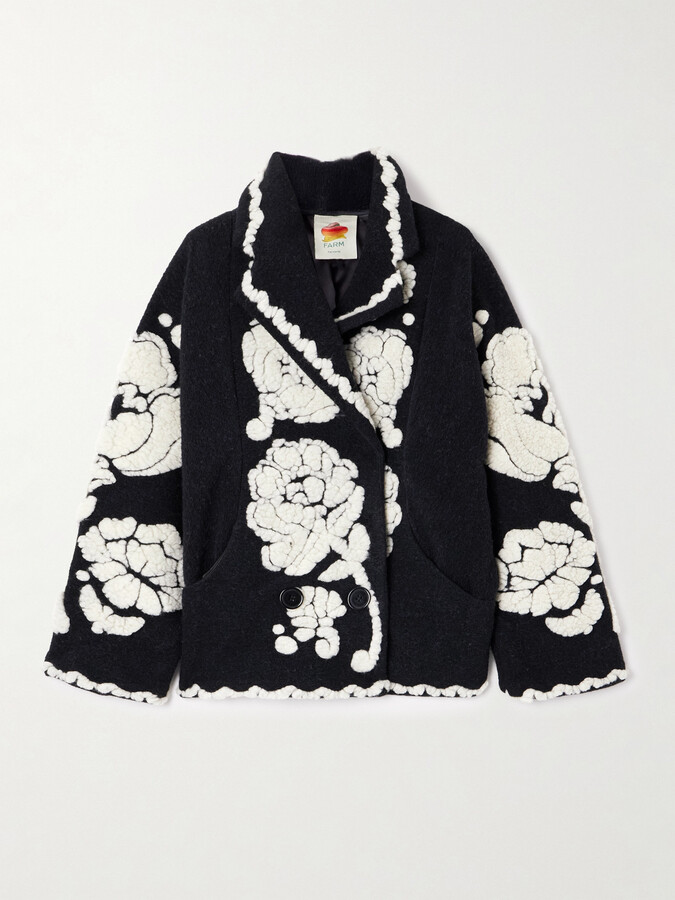 Farm Rio Double-breasted Fleece-jacquard Jacket - Black