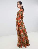 Thumbnail for your product : ASOS Tall DESIGN Tall glam long sleeve chiffon beach maxi in red tropical baroque print