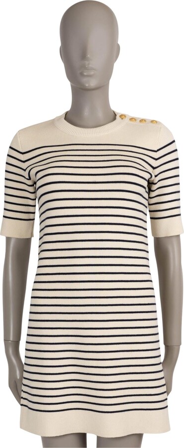 Celine Cream & Navy Cotton Mariniere Striped Crochet Mini Dress S
