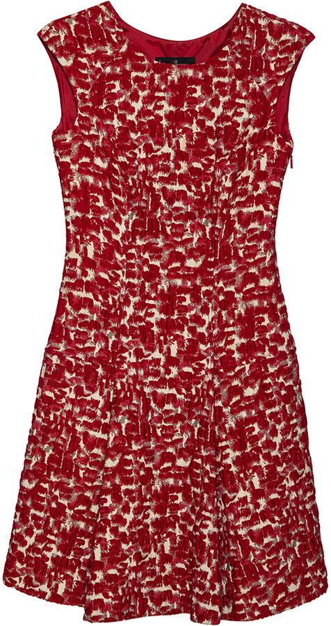 CH Carolina Herrera Red Wool Jacquard Paneled Pleated Dress S