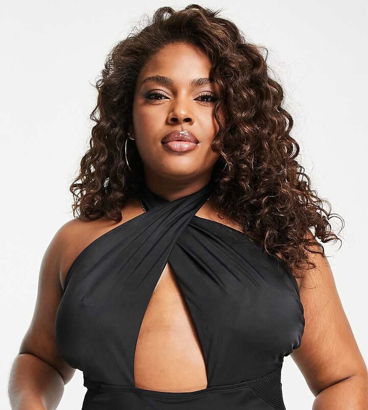 We Are We Wear Plus cross front wrap halter bikini top with mesh