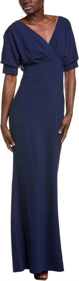 Badgley Mischka Off The Shoulder Pleated Bodice Dolman Gown In Navy