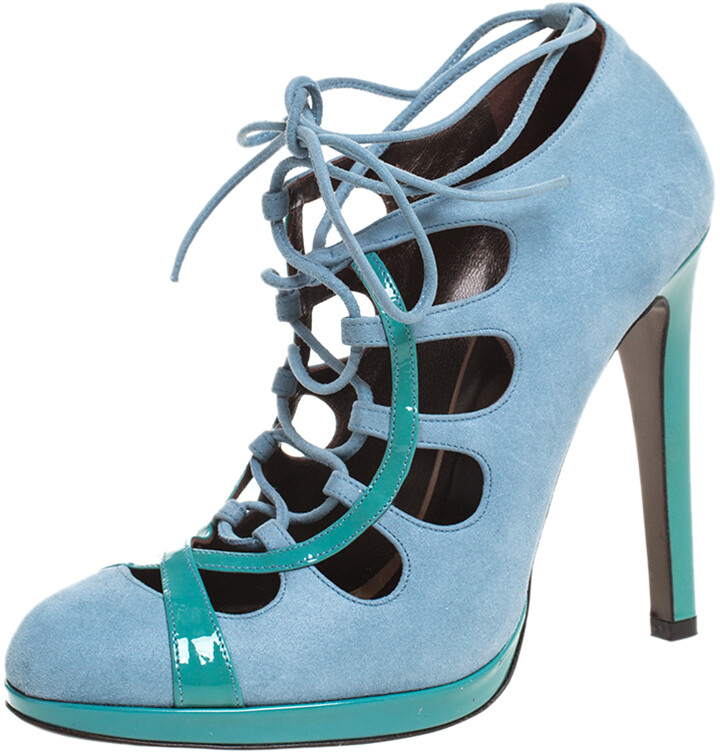 Roberto Cavalli Blue Nubuck And Patent Lace Up Platform Pumps Size 39