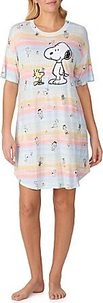 Peanuts Short Sleeve Round Neck Allover Multi-Stripe Snoopy Print Knit Nightshirt