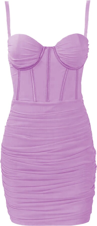 FEOYA Women's Ruched Spaghetti Straps Bodycon Mini Dress Mesh Tulle ...