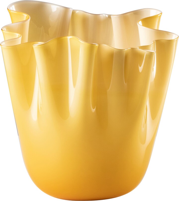 Paolo Venini Venini Fazzoletto Opaline Large Vase In Amber/ Milk White Murano Glass