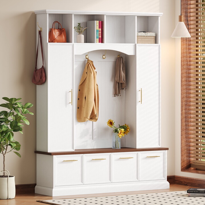 Euroco Wide Hall Tree with Golden Hooks & Handles, Practical Entryway Walnut Bench with Adjustable Shelves, 76.7"H Farmhouse Wooden Style Coat & Shoe Rack for Mudroom, Living Room, White