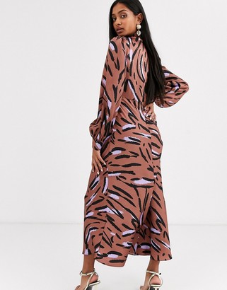 ASOS DESIGN DESIGN maxi satin tea dress with collar in abstract zebra print
