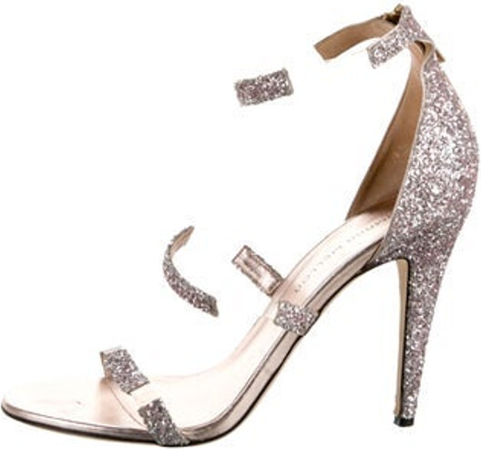 Tamara Mellon Glitter Sandals Pink Glitter Accents Exposed Zip Closure at Ankles