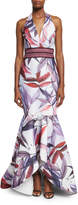Thumbnail for your product : Badgley Mischka Leaf-Printed Macrame Mermaid Dress, Ivory/Multi