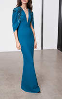 Thumbnail for your product : Pamella Roland Stretch Crepe Caped Gown With Floral Sequin Embroidery