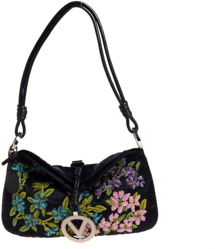 Valentino Black Satin Floral Embroidered Vring Shoulder Bag - ShopStyle
