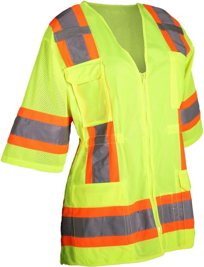 Pip Women's X-Large Hi Vis Yellow 2-Tone ANSI Type R Class 3 Contoured Surveyors Safety Vest with Mesh Back and (11-Pockets)