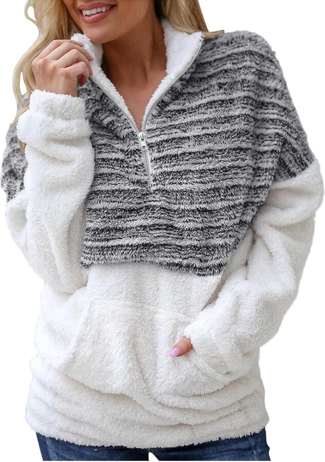 Snow Down Womens Warm Long Sleeves Full-Zip Sweatshirt Knitting Casual Splice Jacket Outwear with Pockets