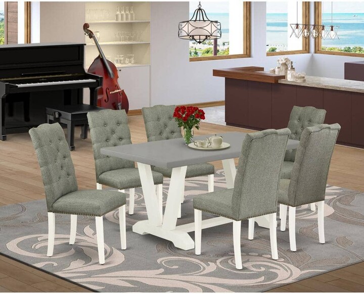 East West Furniture 7-Piece Solid Wood Top Rectangle Natural Oak Finish Dining Set Table with 6-Chairs with Lattice Back