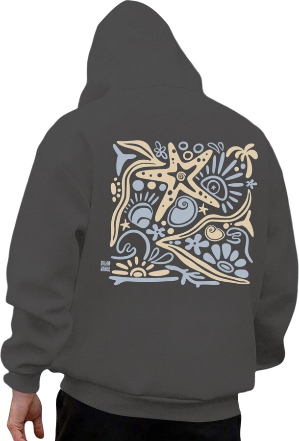 Generic Hooded Sweatshirt Men - Oversized Beach Shells Print Drawstring Sweatshirt | Casual Clothes Fall Winter Dark Gray 3X-Large