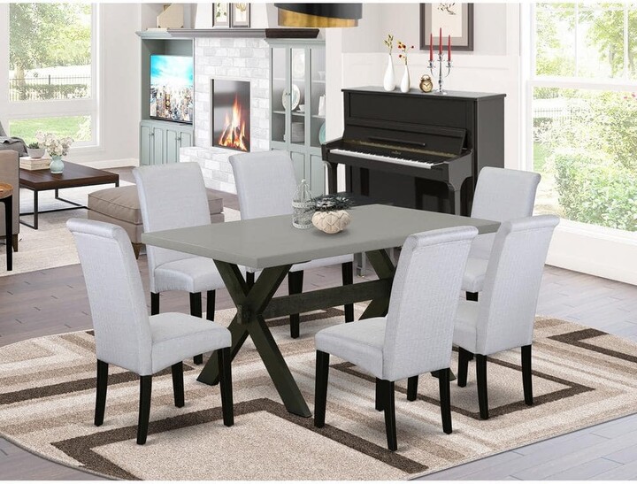 East West Furniture 7-Piece Rectangle Natural Oak Finish Solid Wood Top Dining Set with 1-table and 6-Upholstered Chairs with Lattice Back