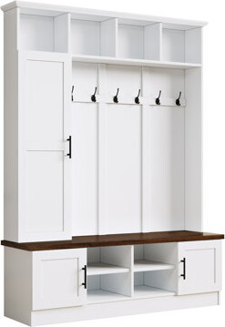 Versatile 3-In-1 Hall Tree With 6 Hooks, Farmhouse Walnut Storage Bench With Adjustable Shelves, 55"W Modern Entryway Coat Rack With Multiple Storage