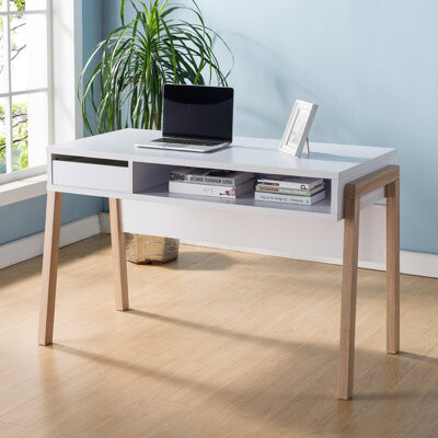 George Oliver Office Desk, Computer Desk With Hidden Storage Shelve, Drawer And USB/Power Outlet In White And Weathered White