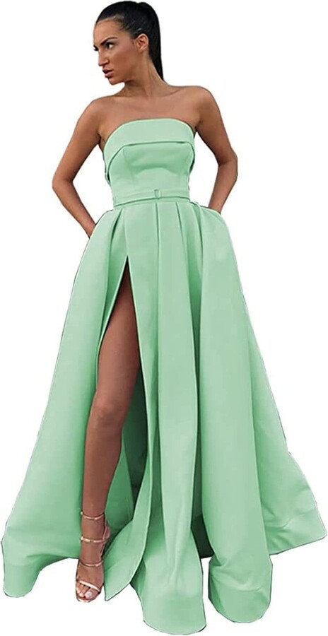 Successa Women S High Split Strapless Satin Prom Dresses A Line Long Evening Gowns With Pockets Mint Green Shopstyle