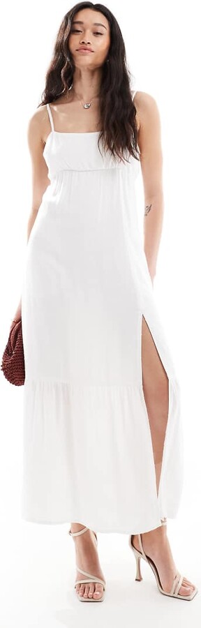 Hollister square neck babydoll maxi dress with leg slit in white