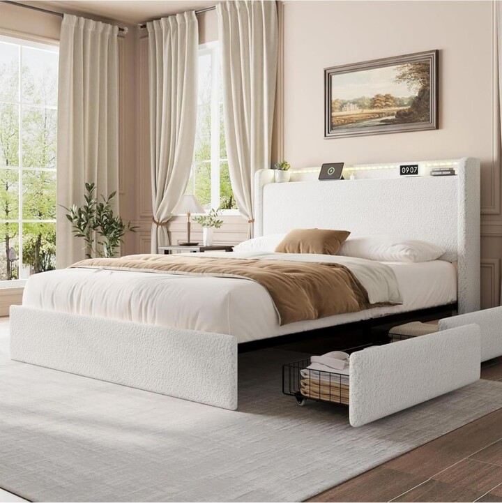 gaomon Queen Size Boucle Led Bed Frame with 4 Storage Drawers Storage Headboard Charging Station Usb Ports
