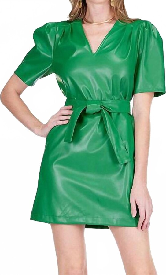 Jade Vegan Leather V Neck Mini Dress In Green