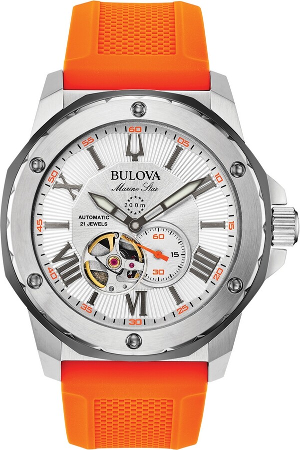 Bulova Men's Automatic Marine Star Orange Silicone Strap Watch 45mm - Orange/White