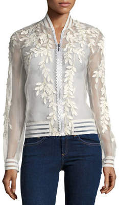 Elie Tahari Brandy Floral Illusion Silk Bomber Jacket