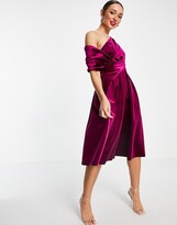 Thumbnail for your product : ASOS DESIGN velvet bare-shoulder prom midi dress in berry