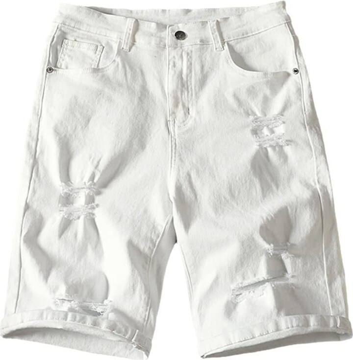 Kelsiop Men's White Denim Shorts Summer Ripped Casual Shorts