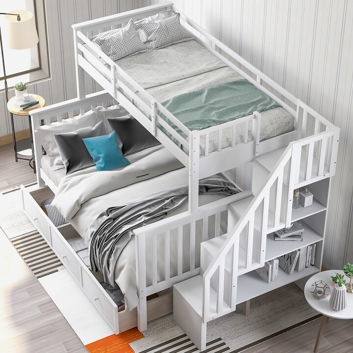 IGEMAN White Mission Slats Style Stairway TwinOverFull Bunk Bed with
