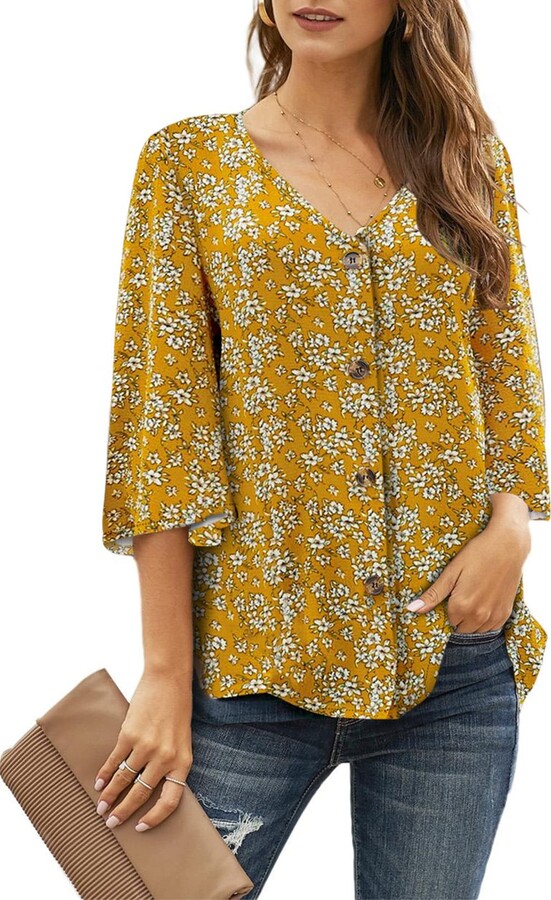 GOSOPIN Girls Bell Sleeve Tunic Tops Floral Knot Button Shirts 