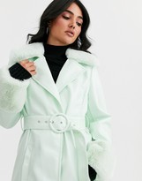 Thumbnail for your product : ASOS DESIGN high shine faux fur collar trench coat in mint