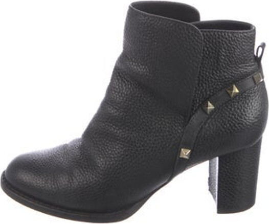 Valentino Leather Ankle Boots Black Rockstud Accents Round-Toes with Studded Accents Concealed Zip Closure at Ankles