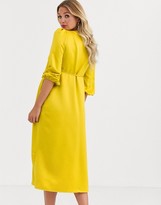 Thumbnail for your product : Queen Bee Maternity satin wrap front bell sleeve midi dress in gold