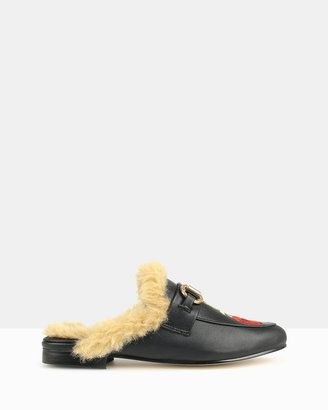betts Beauty Faux Fur Backless Rose Embroidered Loafers