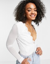 Thumbnail for your product : Love Triangle lace bodysuit with sheer sleeves in white
