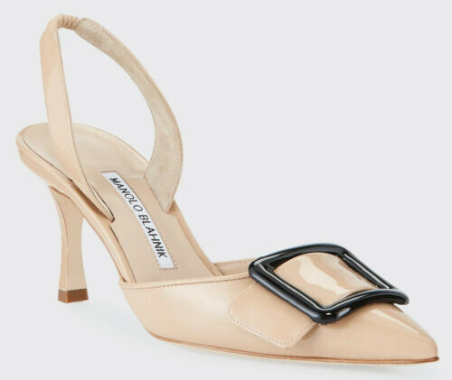 Nib - manolo blahnik women's may beige patent slingback heels - us 8.5 / it 38.5