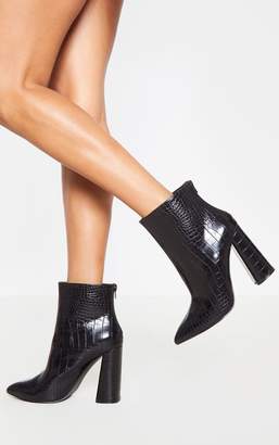 PrettyLittleThing Black Croc Wide Fit Block Heel High Ankle Boot