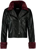 Thumbnail for your product : boohoo Plus Embroidered Biker With Faux Fur Trim