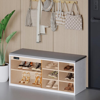 Modern Shoe Storage Bench With Cushion, 6 Compartment Entryway Cabinet With Glass Door, Adjustable Shelves & Negative Ion Deodorizer - Black