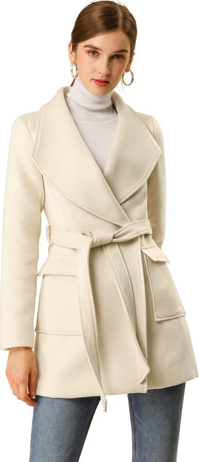 Allegra K Women's Shawl Collar Lapel Winter Belted Coat with Pockets Cream  White L - ShopStyle