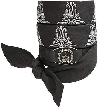 3 Wind Knots Flower Basket Silk Wrap Around Bracelet With Art Nouveau Embroidery Grey White