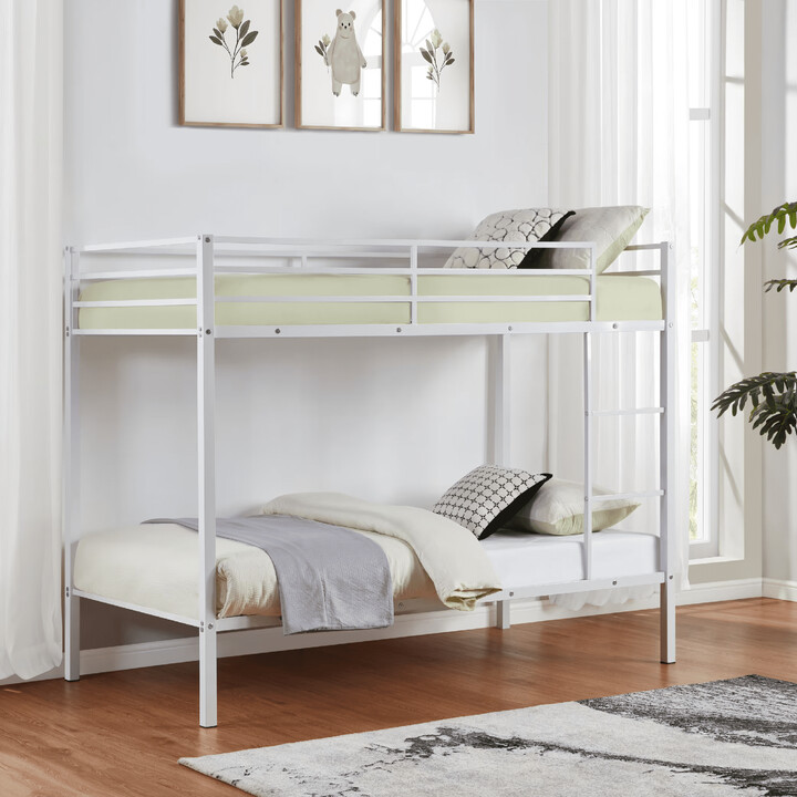 MAYEERTY Twin Size Metal Bunk Bed, Low Profile Bed Frame with Built-in Ladder, High Guardrail, Space-Saving for Kids, No Box Spring Required, White