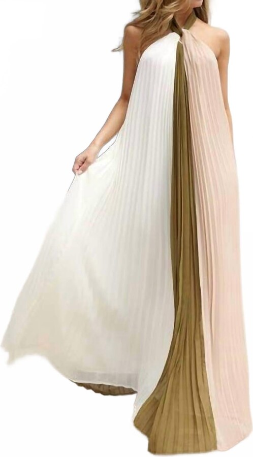 EB Luxe Halter Color Block Pleated Maxi Dress In Olive Multi