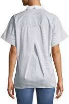 Thumbnail for your product : St. John Short-Sleeve Striped Button-Down Shirt with Sequin Detail