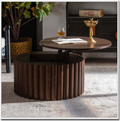 Latitude Run Round Coffee Table With Lift Handcrafted Relief Sturdy Pedestal Wooden Tea Table for Living Room no need to Assemble