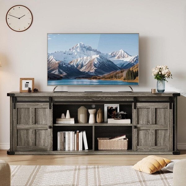 GaoMon FarmhouseTVStandfor75InchTVEntertainmentCenterwithStorageCabinetsandSlidingBarnDoorsMediaTVConsoleTableforLivingRoomBedroom